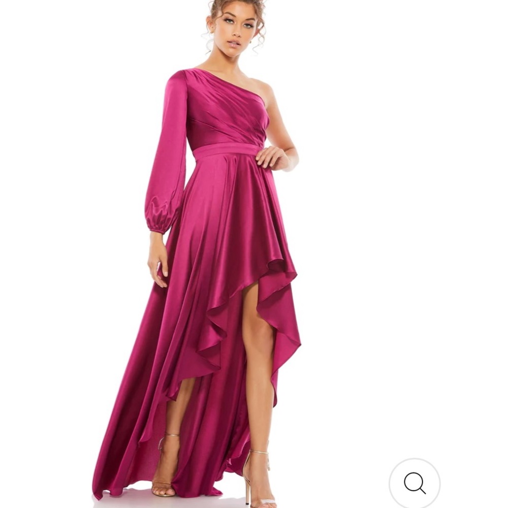 One-shoulder satin dress w/a single long sleeve, skirt with a hi-low hemline